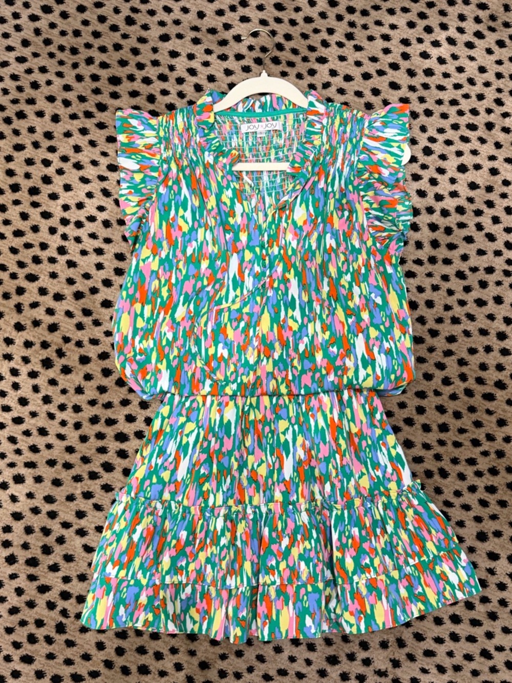 Joy Joy Multicolor Abstract Ruffle top and skort in Green, Pink & Orange